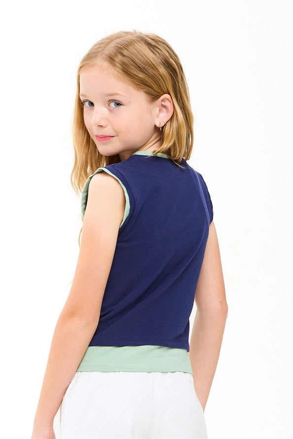 Color Blocked Sleeveless Layered Top, Navy