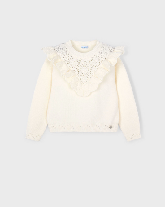 Girls Openwork Knit Sweater, Cream