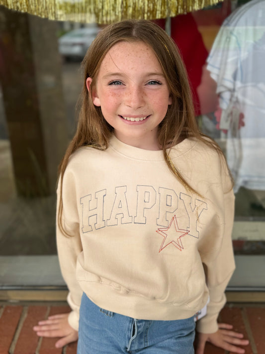 Happy Stitched Crew Sweatshirt, Ivory