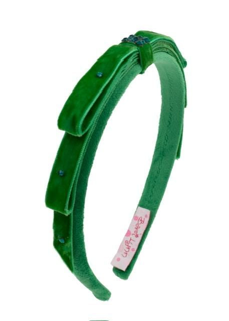 Crystallized Velvet Bow Thin Headband, Green