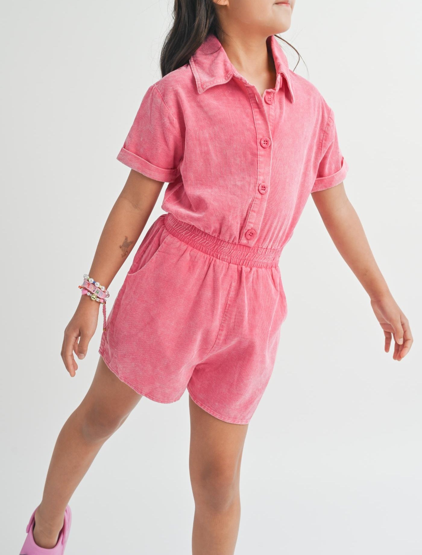 Tween Big Heart Corduroy Romper, Hot Pink