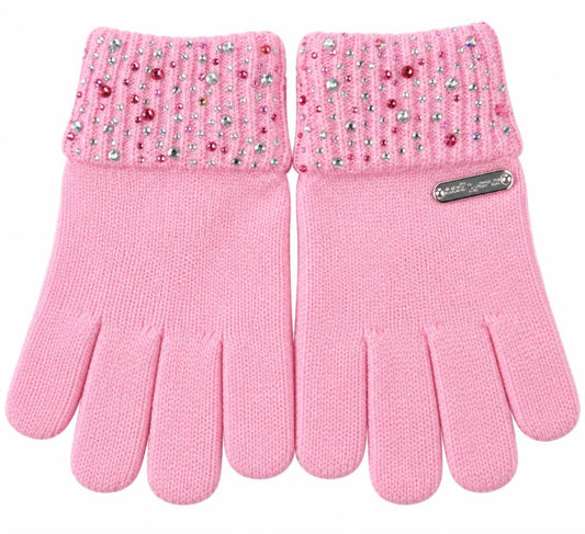 Crystal Cuff Knit Gloves, Pink