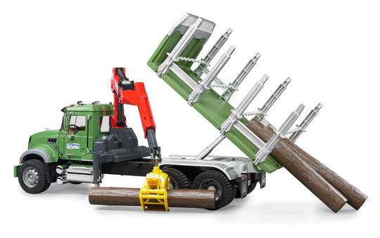 Bruder 02824 Mack Granite Timber Truck w/ Loading Crane and 3 Trunks