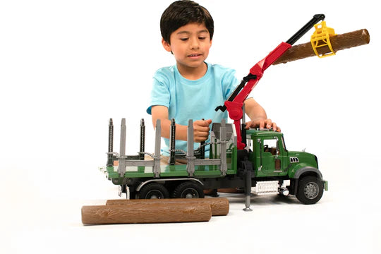 Bruder 02824 Mack Granite Timber Truck w/ Loading Crane and 3 Trunks