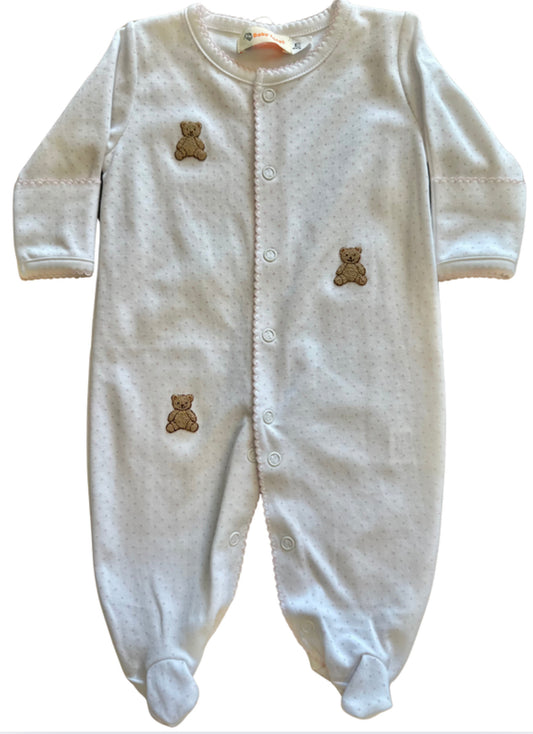 Embroidered Teddy Bear Footie, Pink Dots