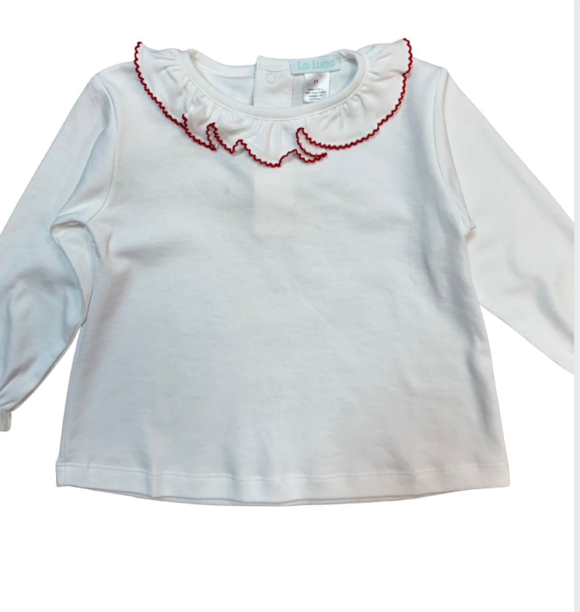 Ruffle Collar Pima Blouse, White/Red Trim