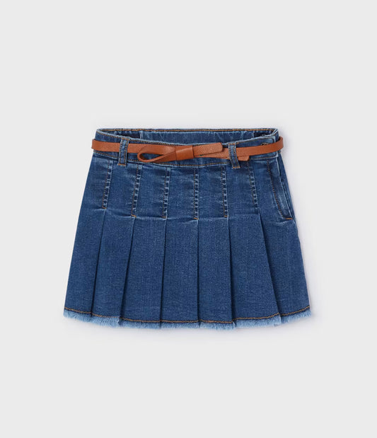 Pleated Denim Skirt w/Belt