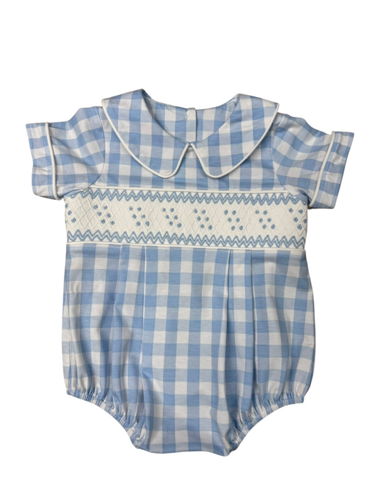 Blue Gingham Smocked Boy Bubble