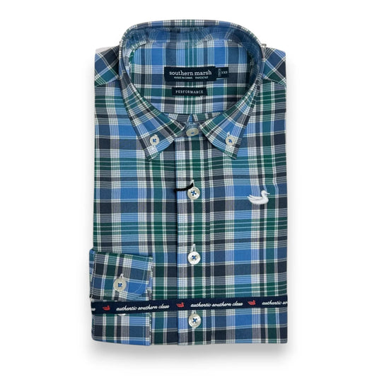 Youth Franklin Plaid Performance Dress Shirt, Navy/Green