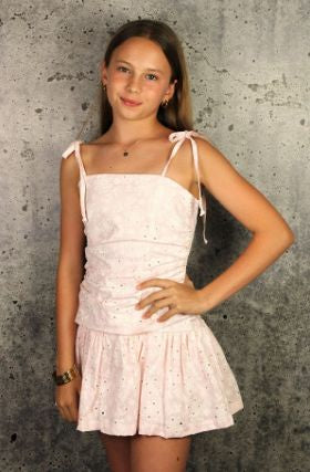 Gathered Eyelet Dress, Pale Pink