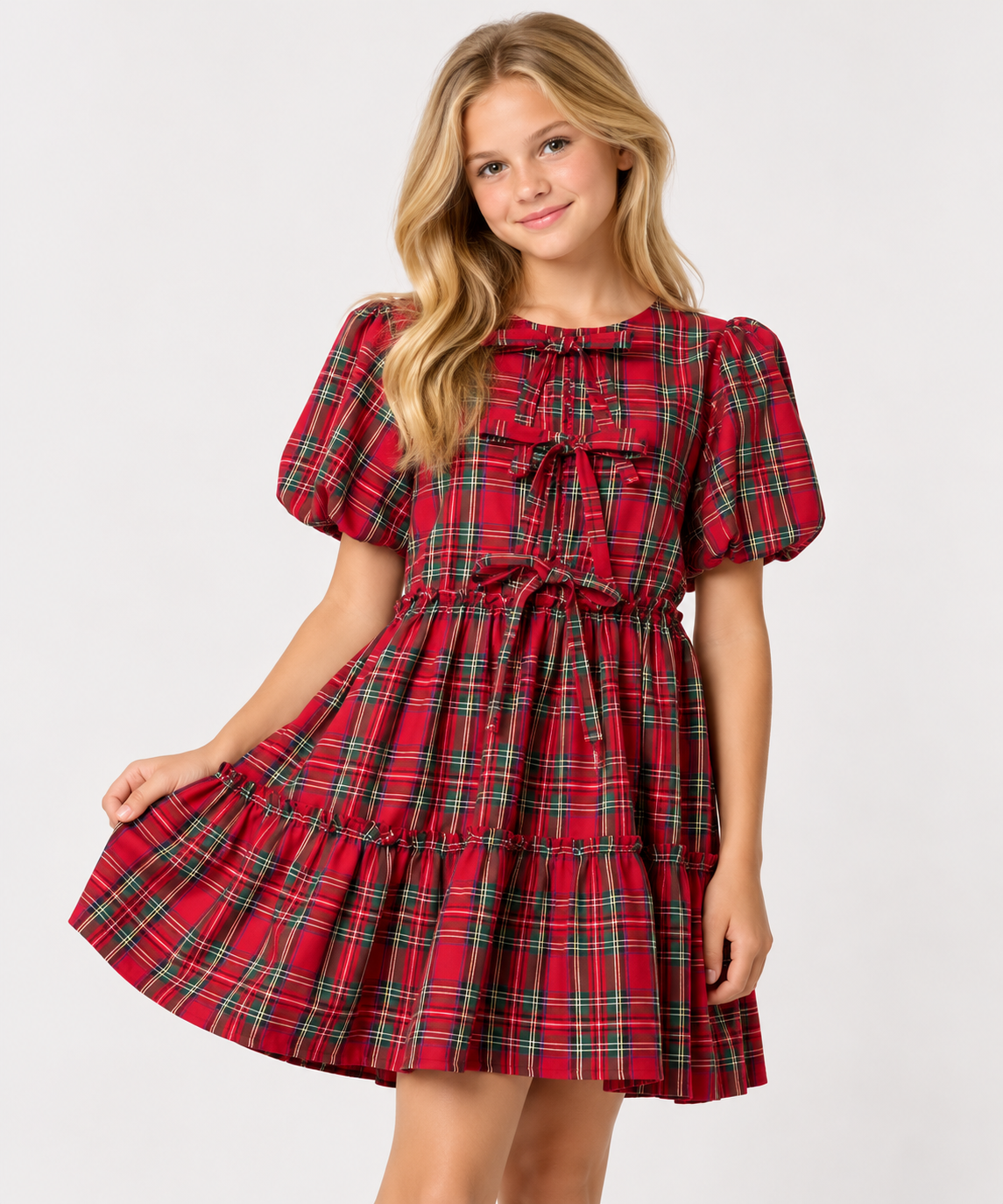CHRISTMAS PLAID BOW DETAIL BUBBLE SLV MINI DRESS