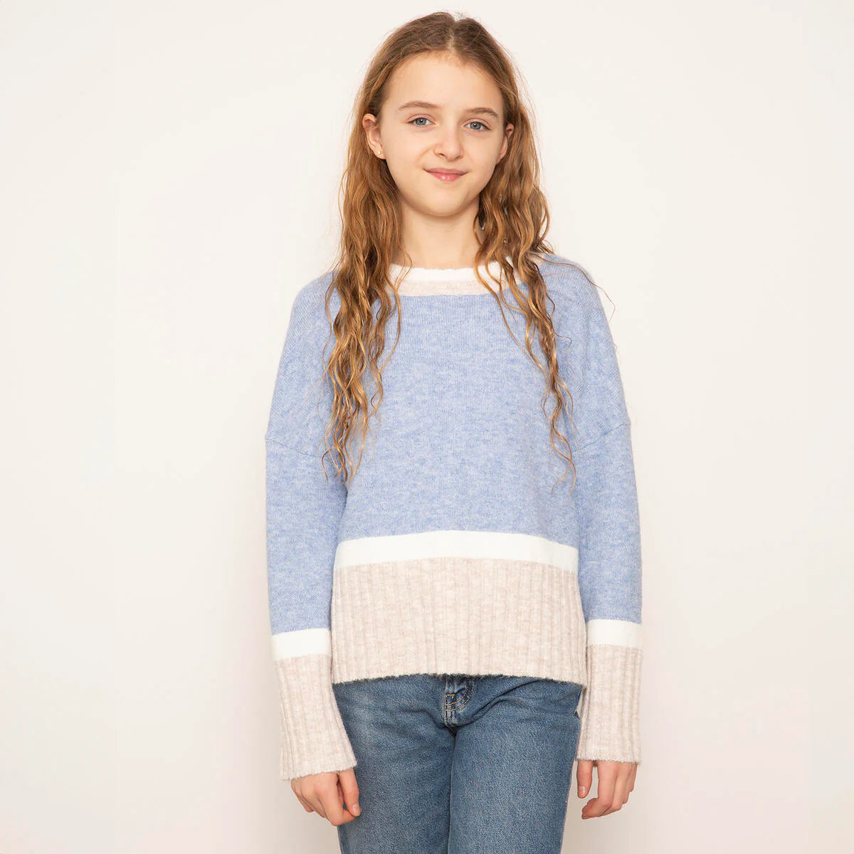 Maura Border Stripe Crewneck Sweater, Light Blue