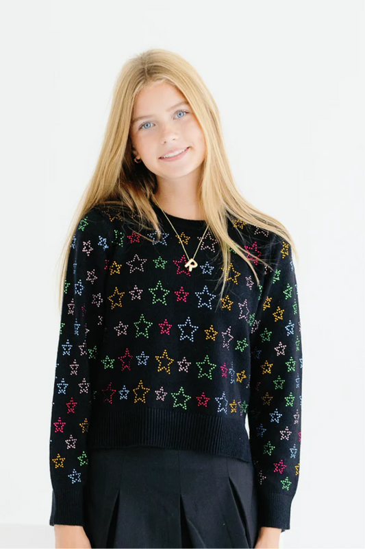 Lottie Crystal Star Crew Sweater, Black