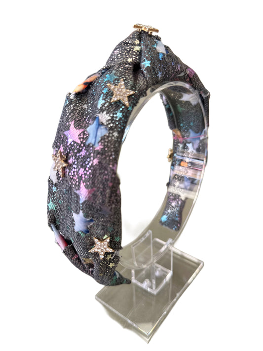 Black Denim Wash Knot Headband w/Crystal Stars