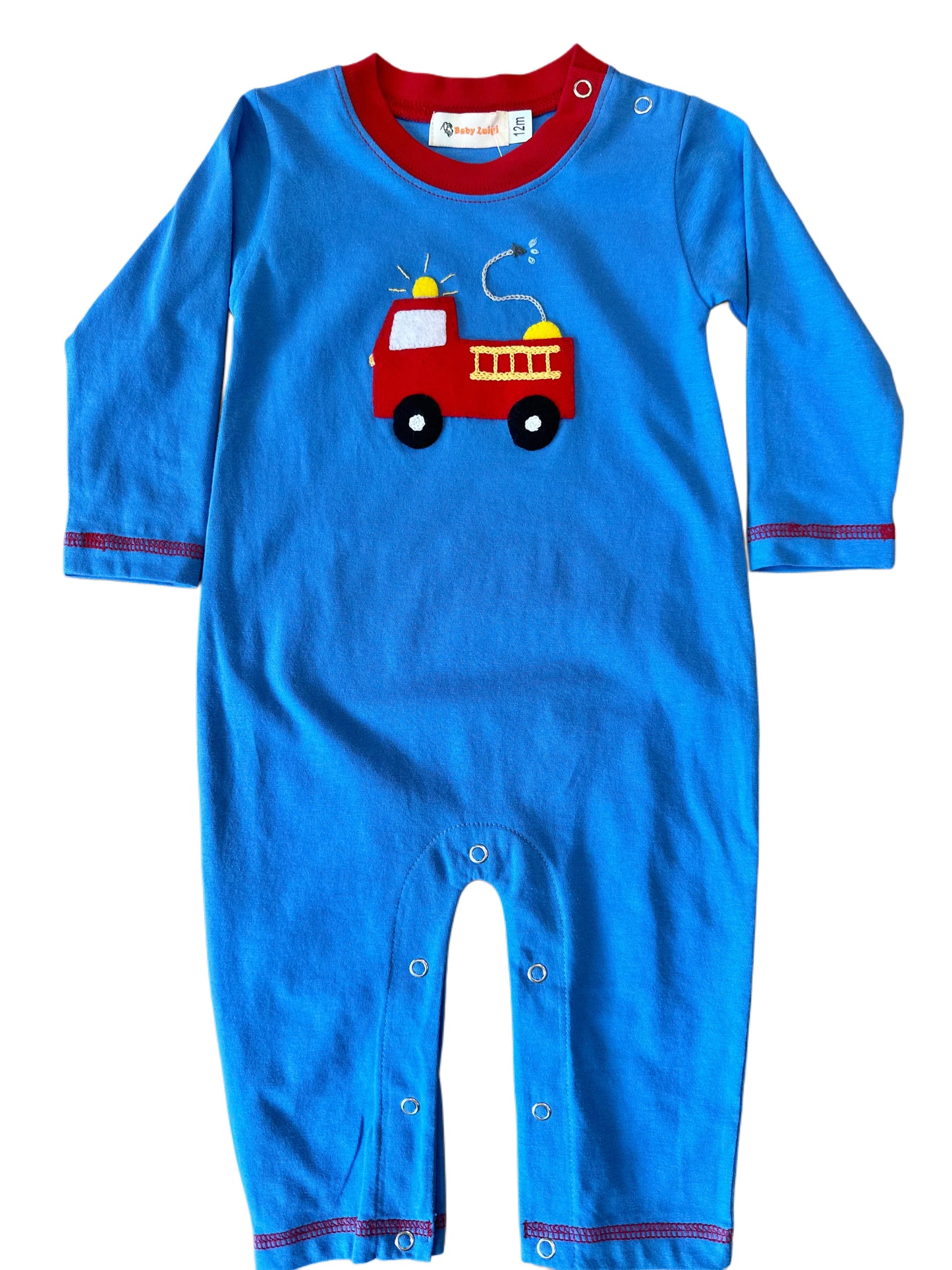 Fire Truck Knit Jersey Long Romper, Blue