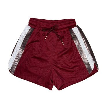 Gameday Sequin Side Stripe Shorts, Maroon/Silver