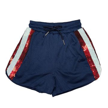 Gameday Sequin Side Stripe Shorts, Navy/Red
