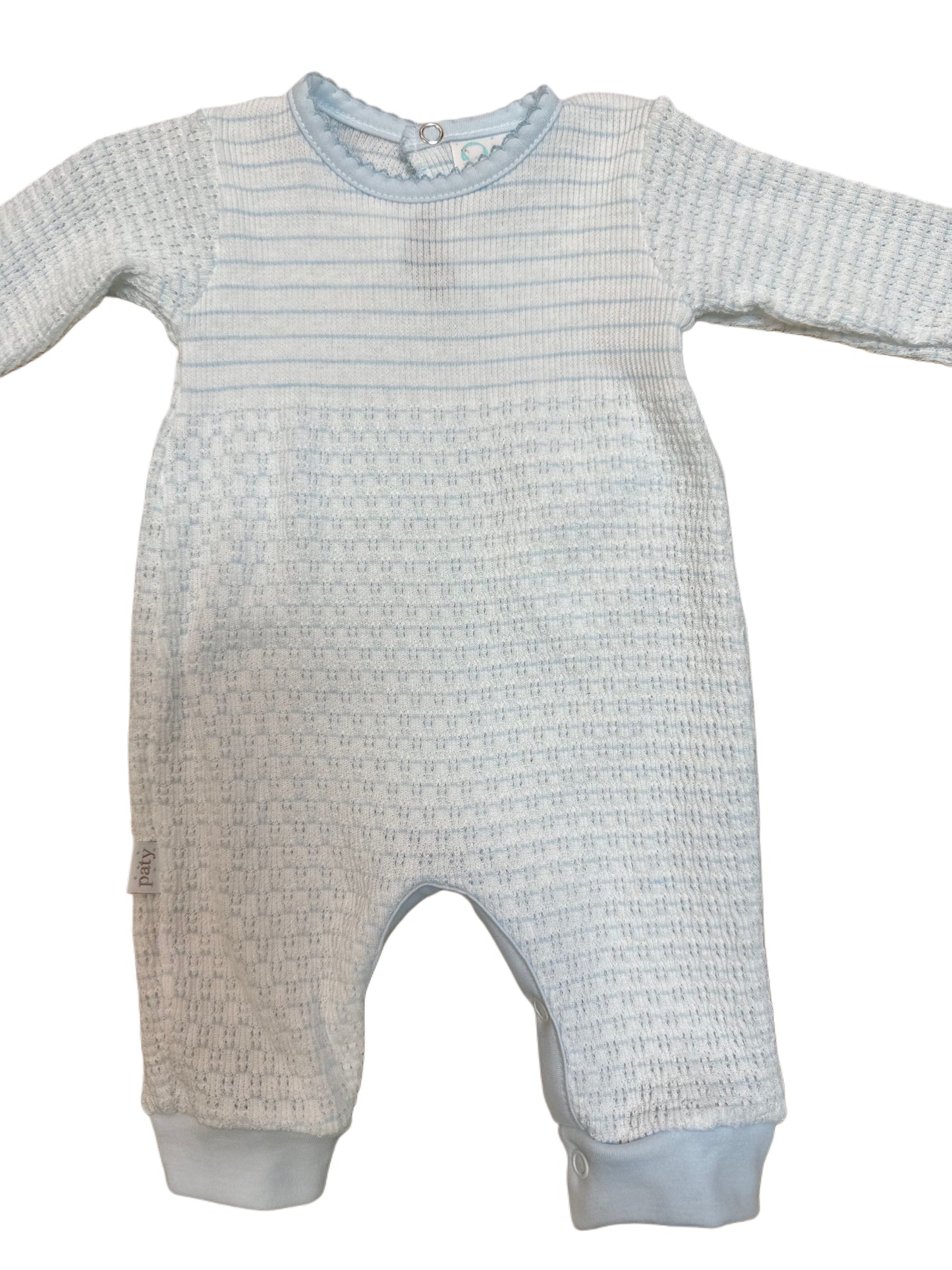 LS Pinstripe Romper w/ Pima Trim, Blue/Blue