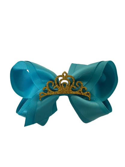 Med. Grosgrain Bow w/Satin Overlay and Glitter Crown (6 color options)