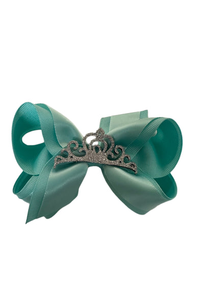 Med. Grosgrain Bow w/Satin Overlay and Glitter Crown (6 color options)