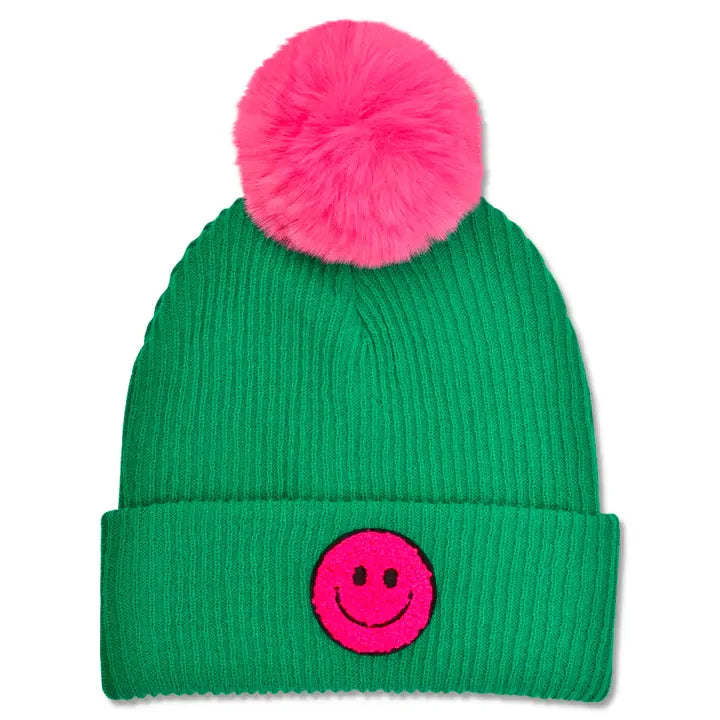 Happy Pom Beanie Hat, Green