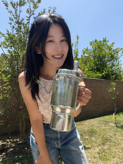 Take A Sip Water Cup Crossbody Purse, Silver