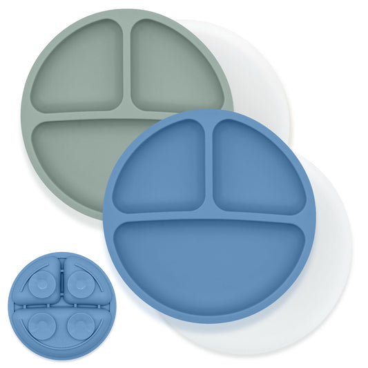 Silicone Suction Plates w/Lids 2 pk, blue/green