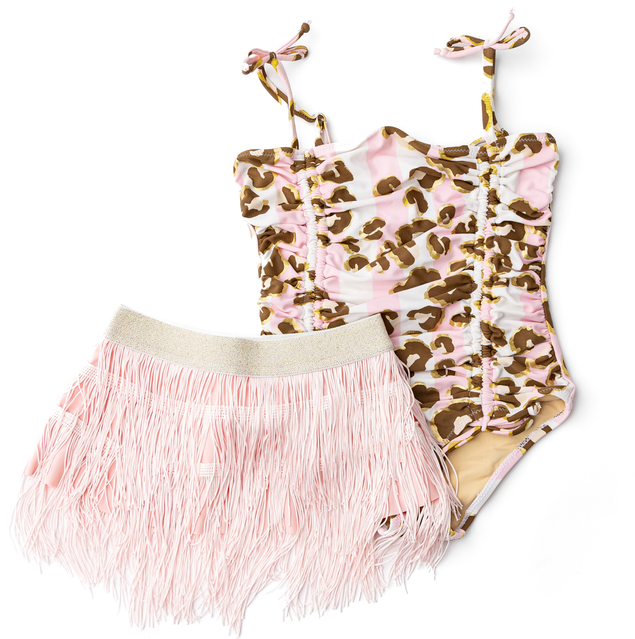 Metallic Leopard 1pc Swim & Fringe Skirt