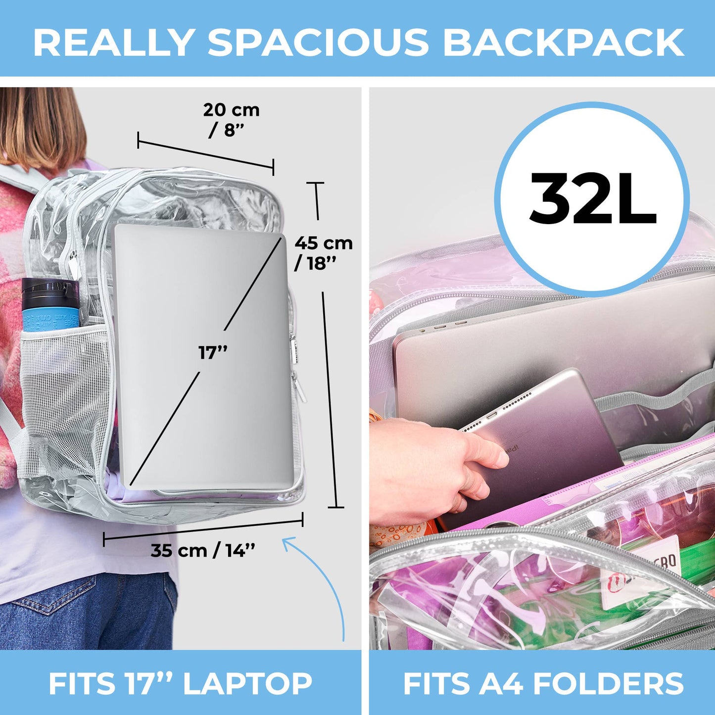 Clear Backpack For School XL | Top YKK® Zip | Gray Rhino