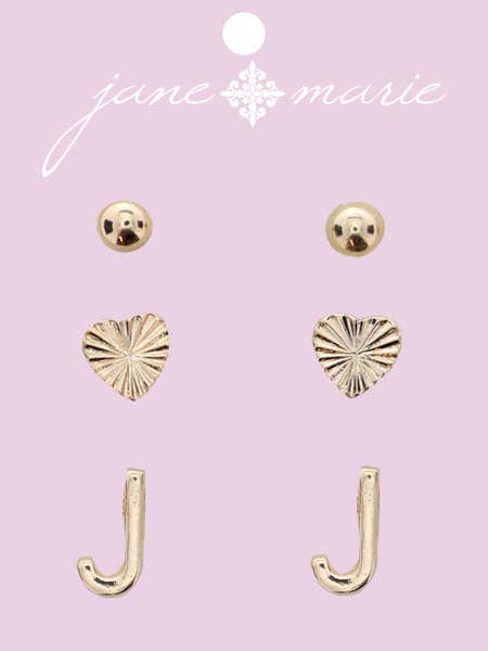 3 Stud, Gold "J" Initial, Gold Heart, and Gold Bead Earring