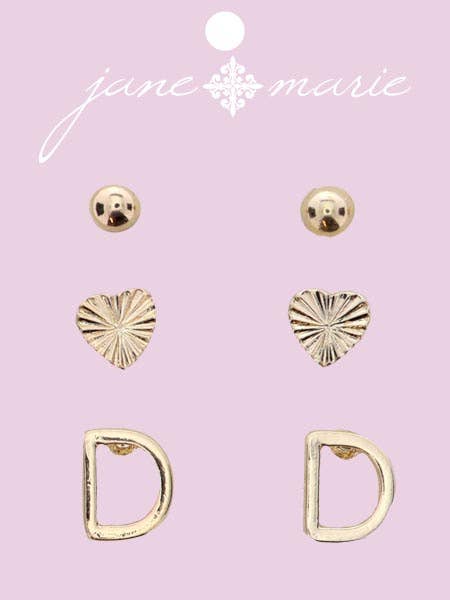 3 Stud, Gold "D" Initial, Gold Heart, and Gold Bead Earring