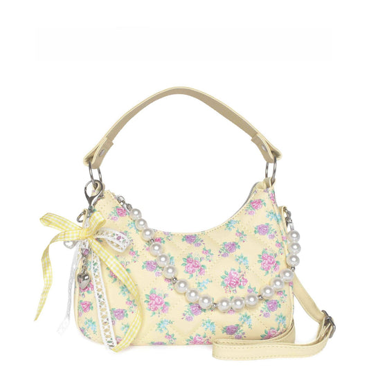 Floral Printed Mini Top Handle Hobo Crossbody with Pearl Chain