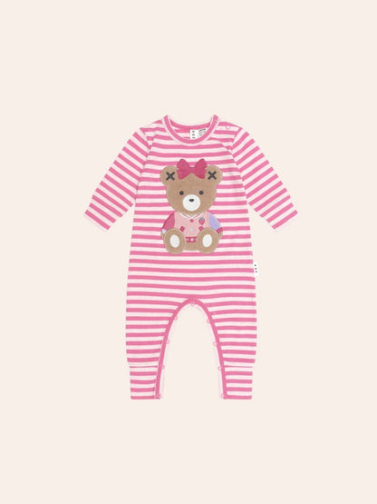 Huxette Bear Stripe Romper, DustyBerry/Pink Marble
