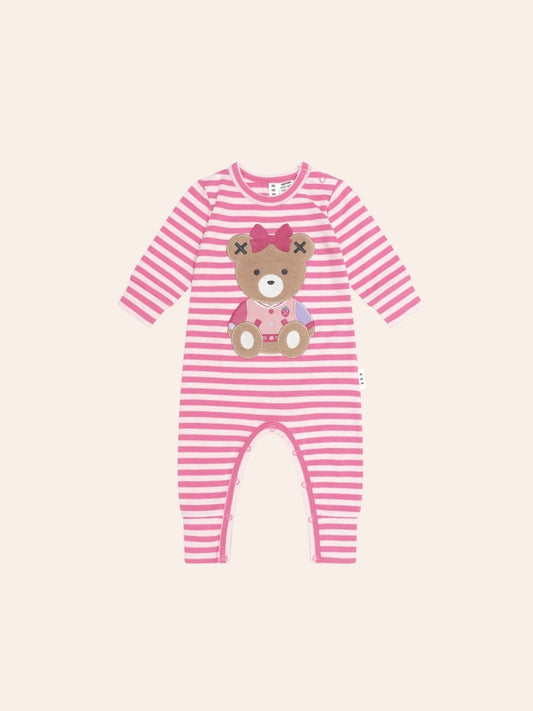 Huxette Bear Stripe Romper, DustyBerry/Pink Marble