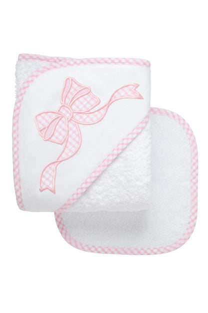 Bow Baby Hooded Towel & Washcloth Set, PInk