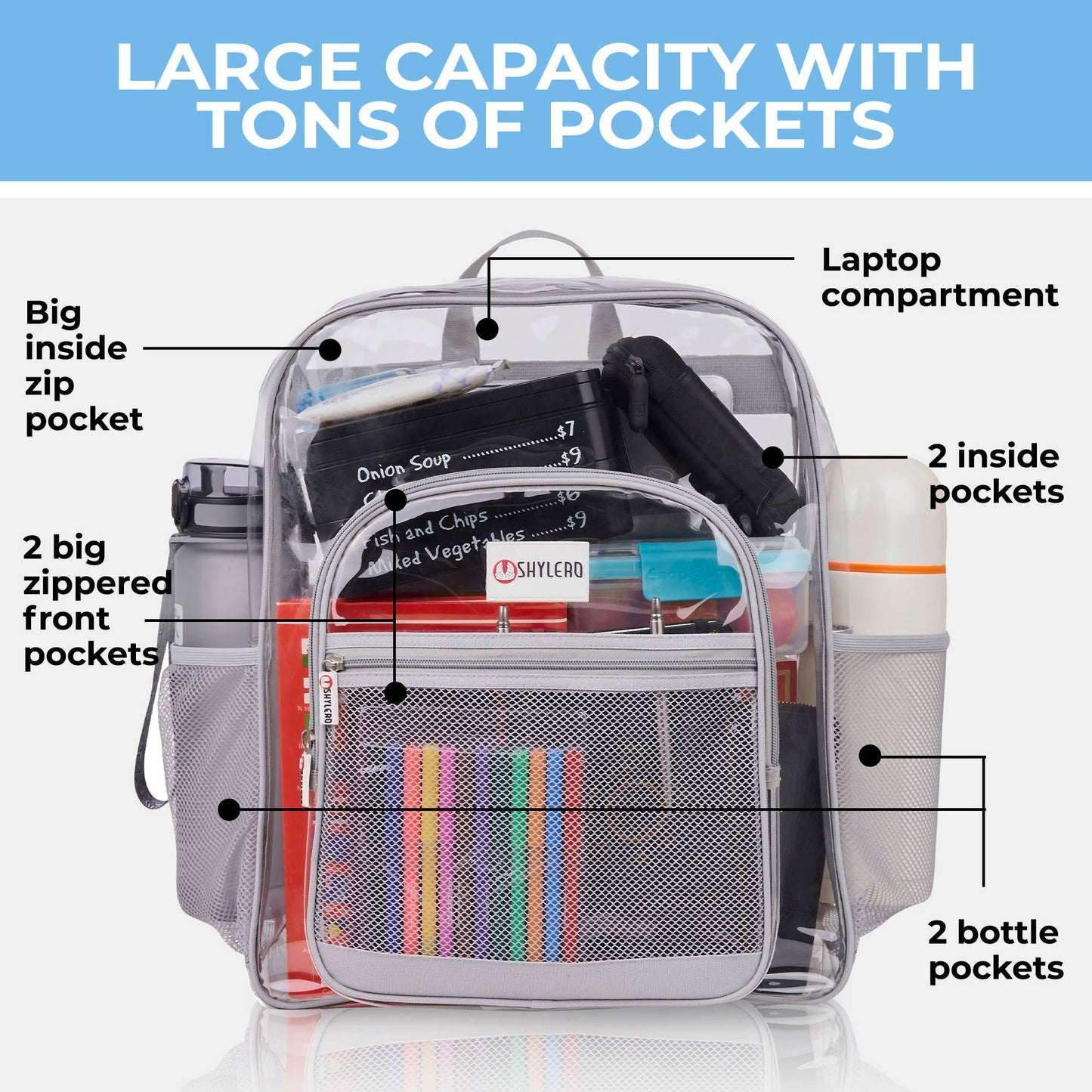 Clear Backpack For School XL | Top YKK® Zip | Gray Rhino