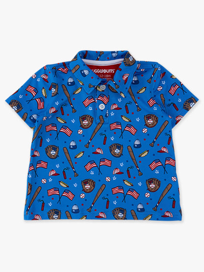 Boys Blue Stars & Strikes Baseball Knit Short Sleeve Performance Polo