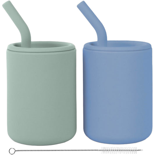 Silicone Training Cup + Straw, Blue/Green