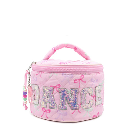 'DANCE' Quilted Bow Printed Round Glam Bag with Charm
