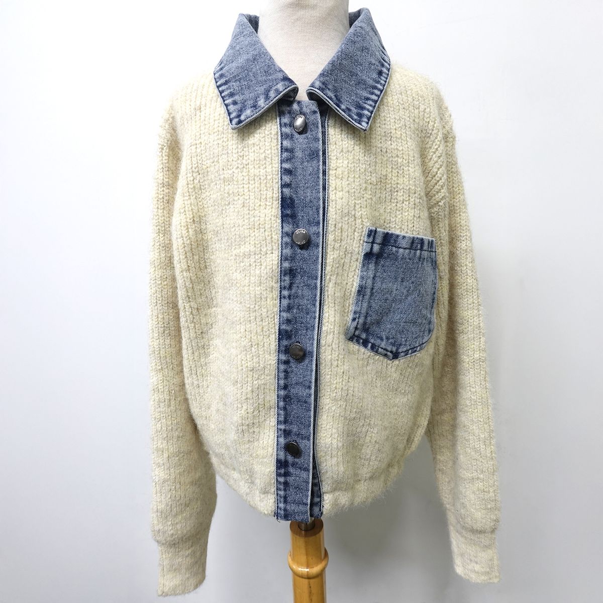 Denim Detail Sweater Cardigan, Cream