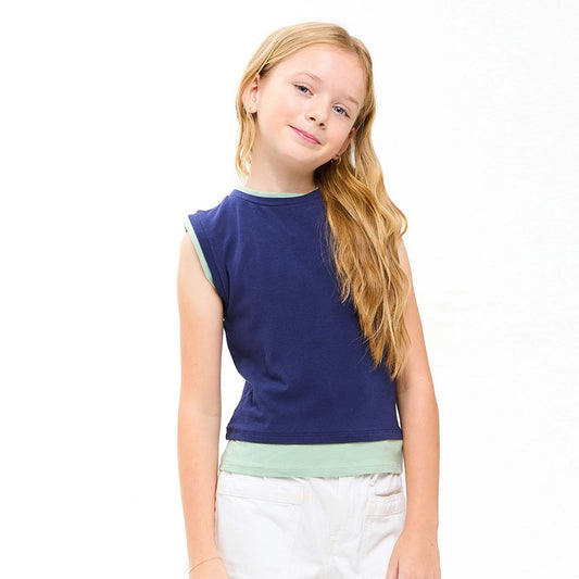 Color Blocked Sleeveless Layered Top, Navy