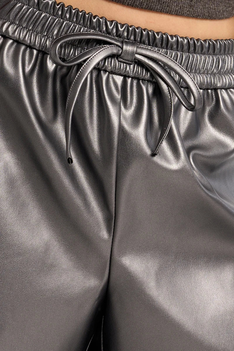 Faux Leather Shorts, Gunmetal Silver