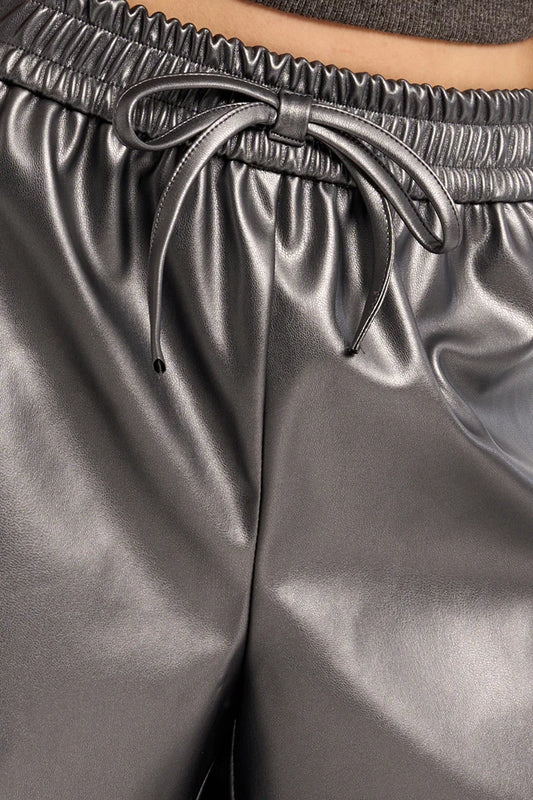 Faux Leather Shorts, Gunmetal Silver