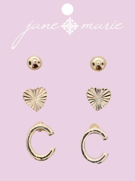 3 Stud, Gold "C" Initial, Gold Heart, and Gold Bead Earring