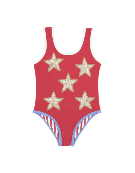 Girls Wave Break One-Piece Swim, True Red