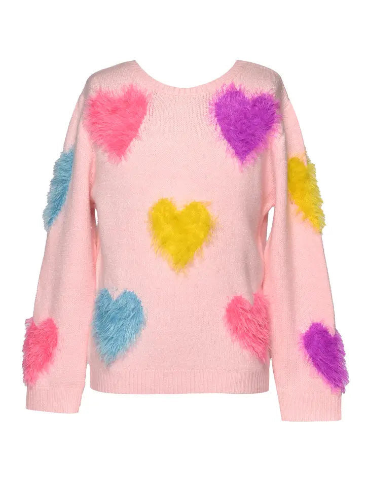 Fuzzy Multi Heart Sweater, Pink