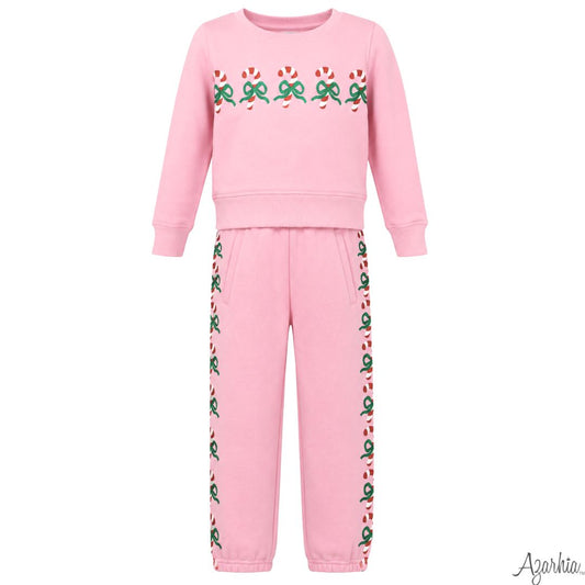Holiday Glitter Candy Cane Jogger Set, Pink