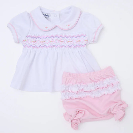 Hazel Smocked Collared Ruffle Diaper Cover Set, Pink