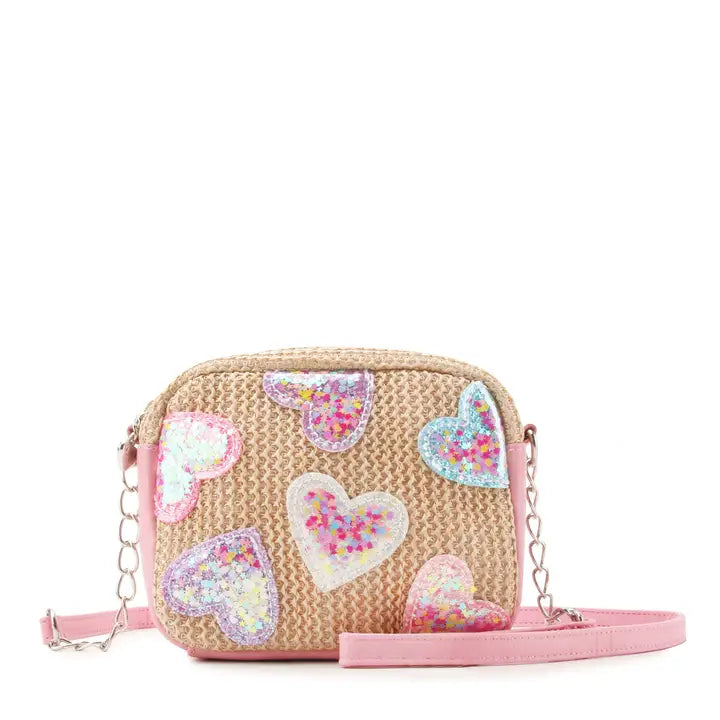 Confetti Heart Patched Straw Crossbody Purse