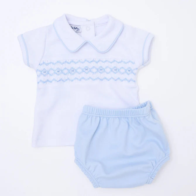 Hudson Smocked Collared Diaper Cover Set, Light Blue